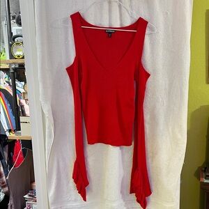 Express Red Ribbed V-Neck Cold-Shoulder Red Ribbed sweater will ruffle sleeves.